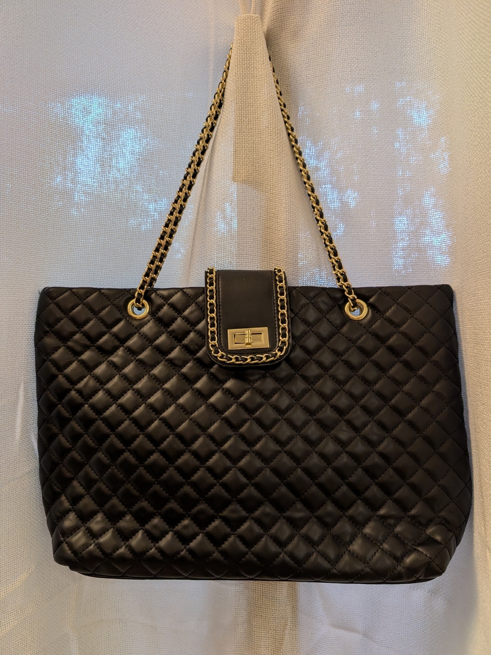 Quilted Black Chain-Handle Tote Bag